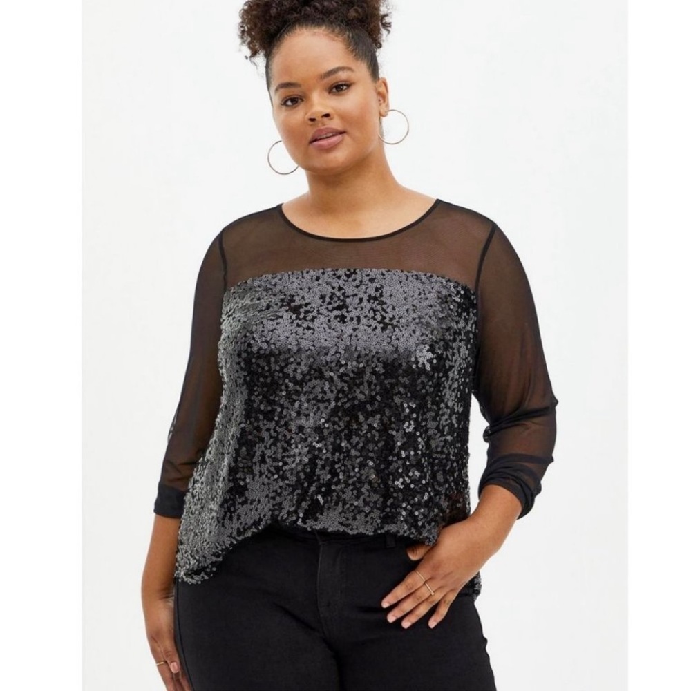 Torrid Black Long Sleeve Mesh And Sequin Top Size 1X Sophisticated Holiday Goth - Picture 2 of 12